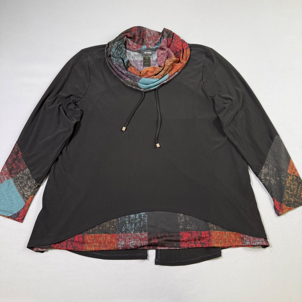 Ali Miles Cowl Neck Tunic Top Womens XL Black Multi Color Abstract Print Layered